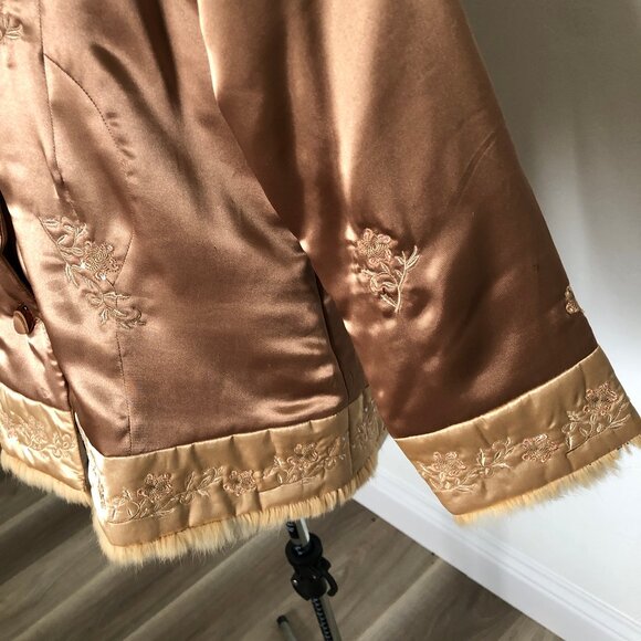 Light Copper Color Satiny Jacket with Embroidered Flowers and faux fur trim - Picture 6 of 14